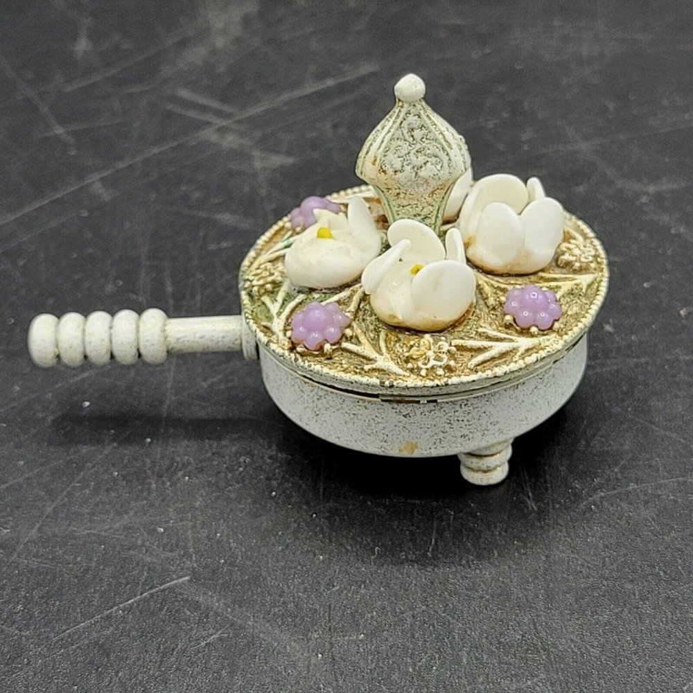 Florenza Miniature Trinket Box Shape Of Pan With Flowers Unique Vintage